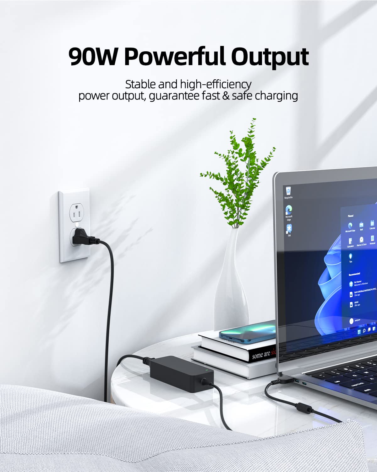 Nicpower 90W slim-tip charger with included power cord for complete setup.
