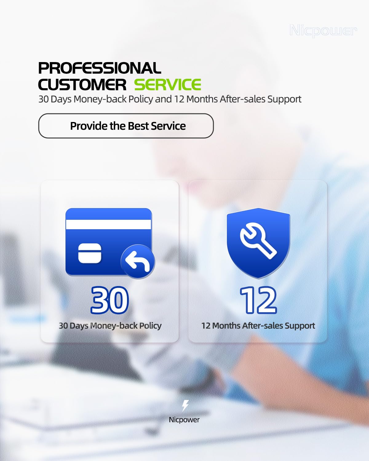 Nicpower charger with 1-year manufacturer warranty badge