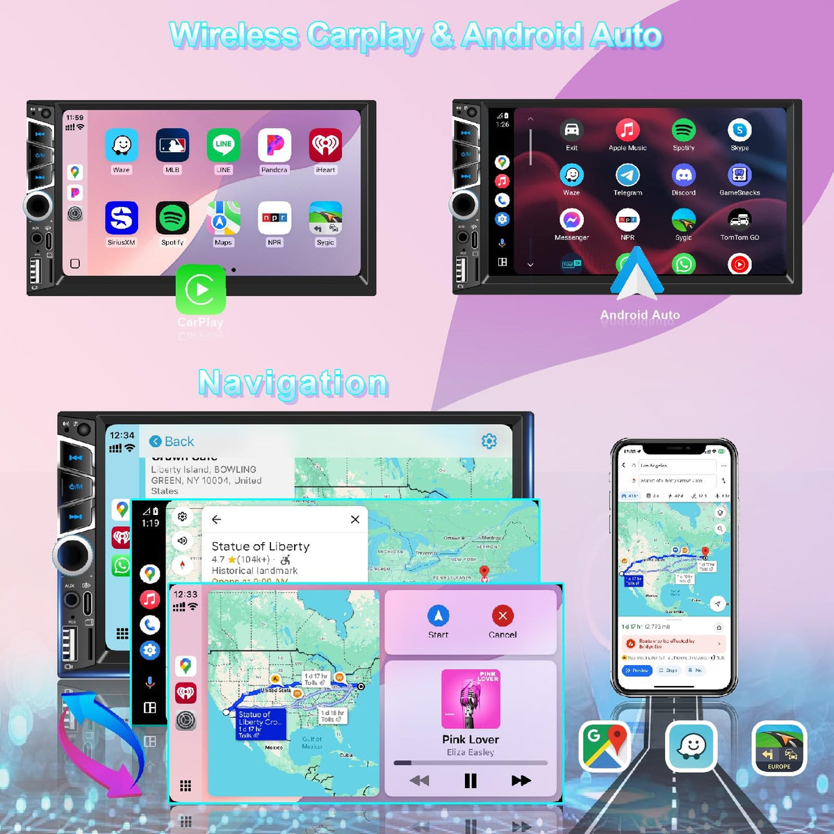 Nideocion close-up of IPS touchscreen displaying maps, crisp readable graphics