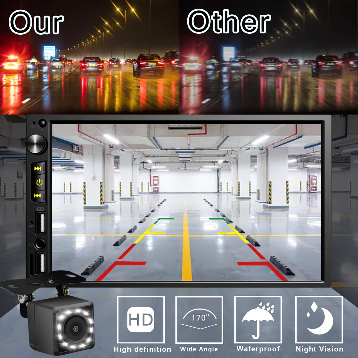 Nideocion ports USB AUX and mic for flexible connectivity