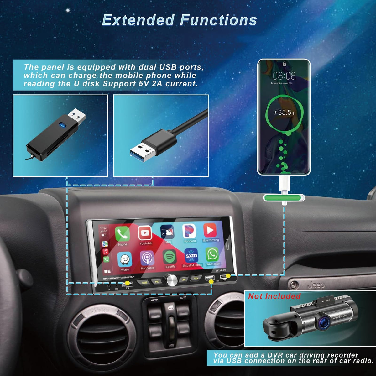 Nideocion USB and Type-C ports for fast charging and playback