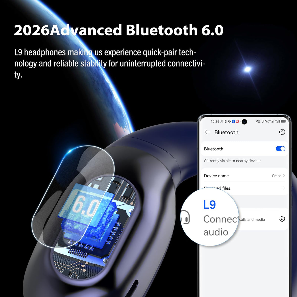 Niderson open ear headphones blue wireless connection demonstrates fast Bluetooth 6.0 streaming