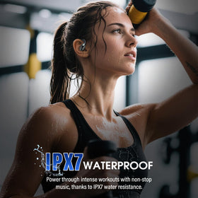 Niderson earbuds with water droplets, proves IPX7 sweat and rain resistance