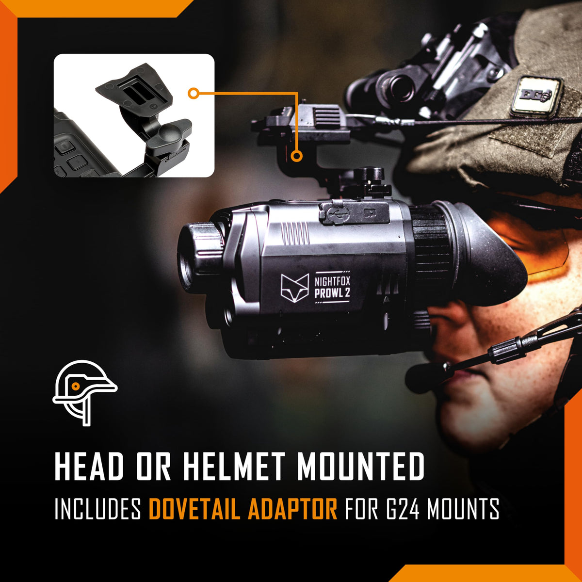 Nightfox Prowl 2 dovetail helmet mount enables hands-free operation on gear.