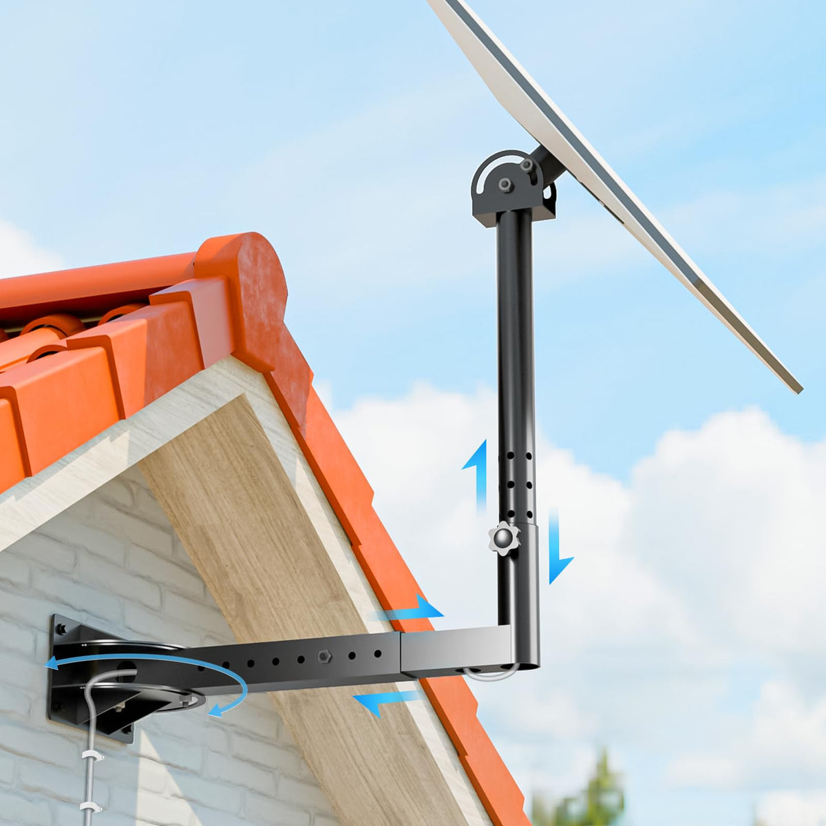 NiHome front view of complete Starlink mount showing sturdy bracket and pole benefit precise placement