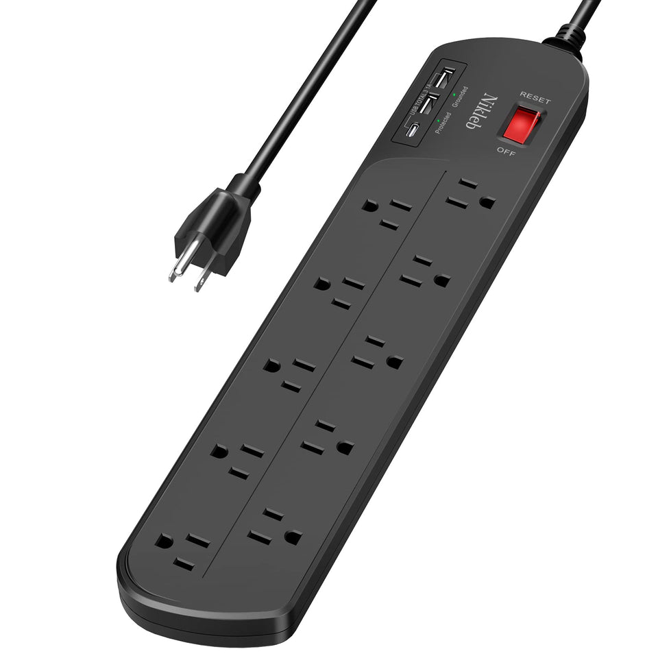 Nikleb extension cord with multiple outlets powering several devices safely