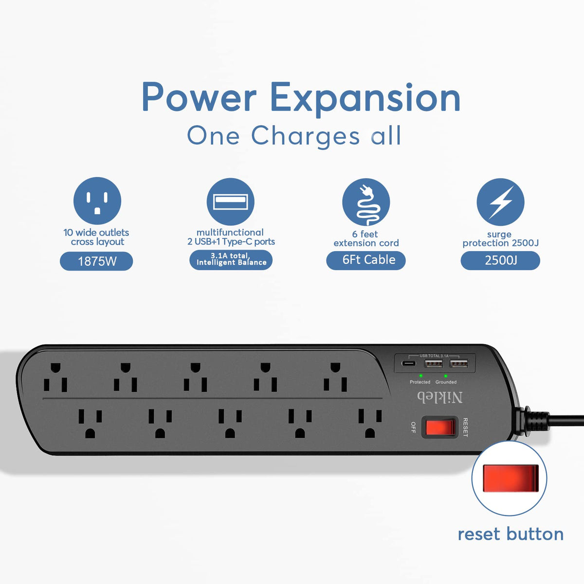 Nikleb surge protector with 10 outlets safeguards equipment during surges