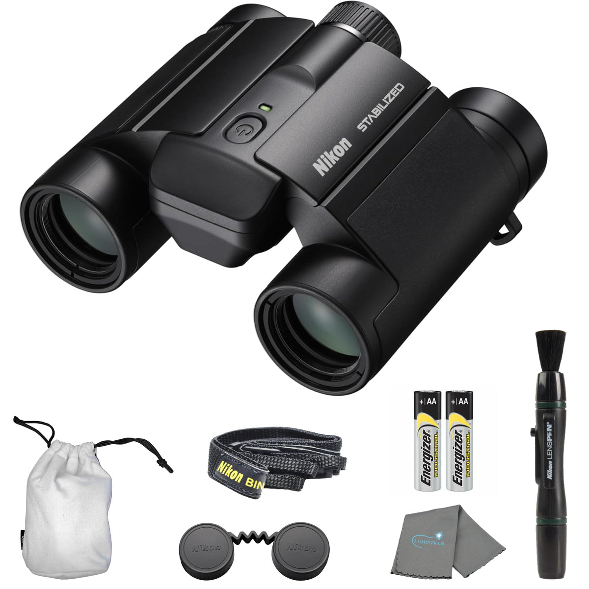 Nikon 12x25 S stabilized binoculars viewed from the front angle for steady wildlife viewing.