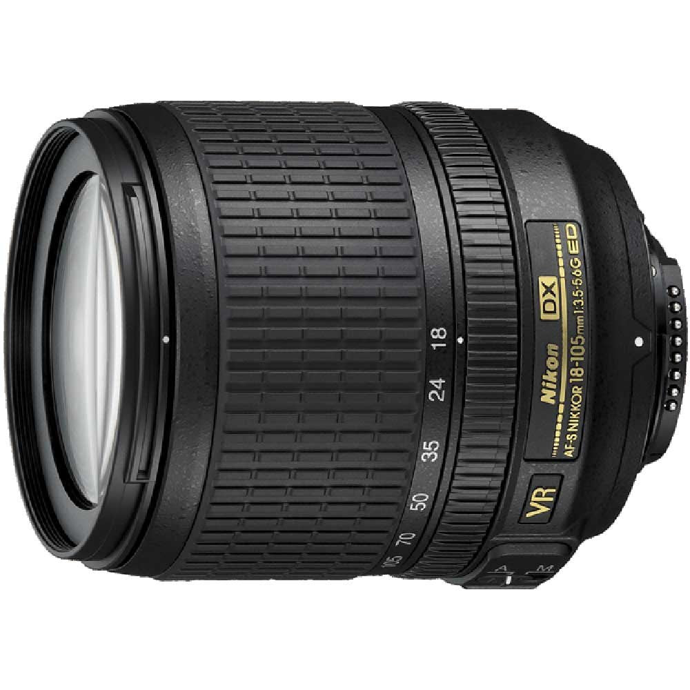 Nikon 18-105mm lens front view highlights compact versatility for travel and landscapes.