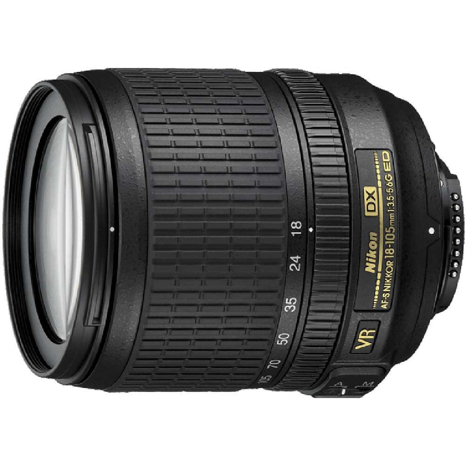 Nikon 18-105mm lens front view highlights compact versatility for travel and landscapes.