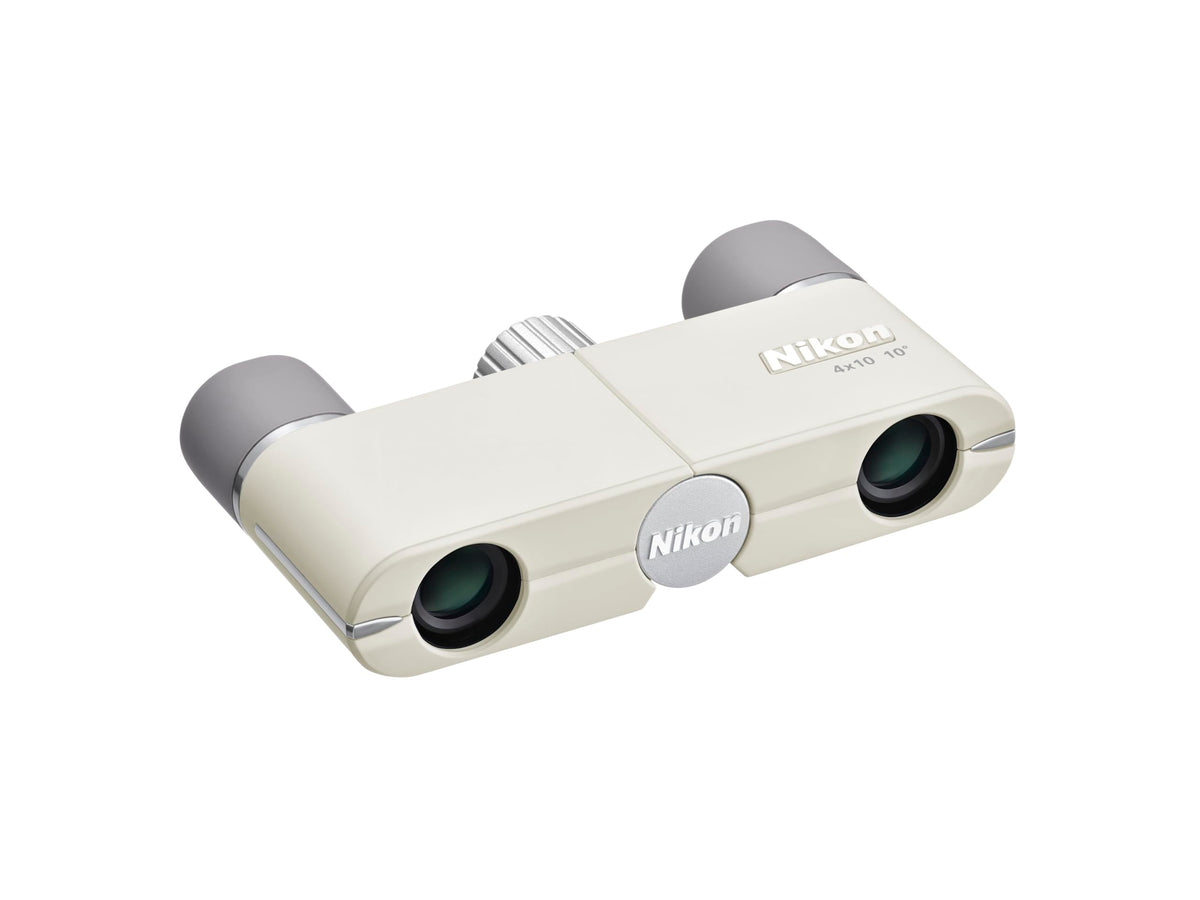 Nikon 4x10D CF Pocket Binoculars ivory white, front view, compact and portable for concerts or museums
