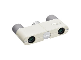 Nikon 4x10D CF Pocket Binoculars ivory white, front view, compact and portable for concerts or museums