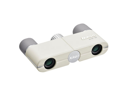 Nikon 4x10D CF Pocket Binoculars ivory white, front view, compact and portable for concerts or museums