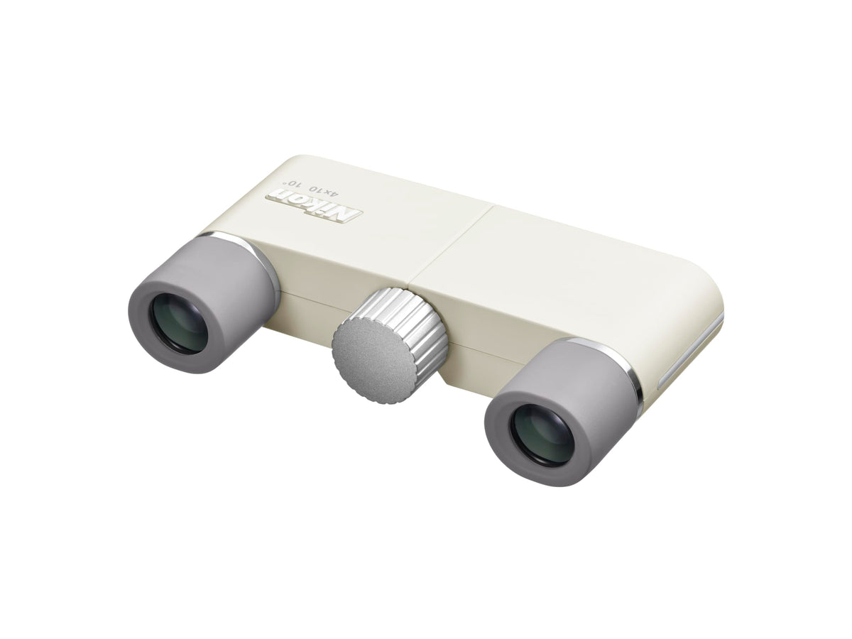 Nikon 4x10D CF Pocket Binoculars ivory white with leather case, easy protection for travel