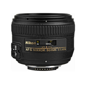Nikon 50mm f/1.4G lens front view highlights wide aperture for sharp low-light photos