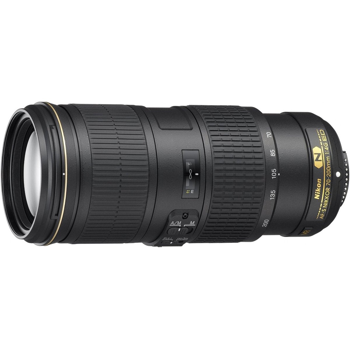 Nikon 70-200mm f/4G ED VR lens front view highlights compact, travel-ready design.