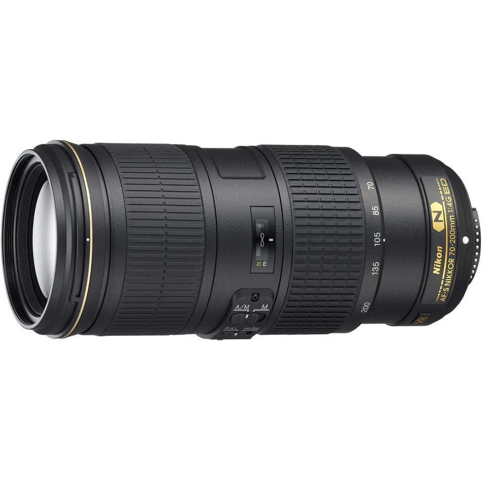 Nikon 70-200mm f/4G ED VR lens front view highlights compact, travel-ready design.
