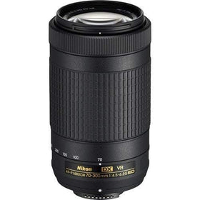 Nikon AF-P DX 70-300mm lens telephoto zoom with VR for sharp distant subjects.