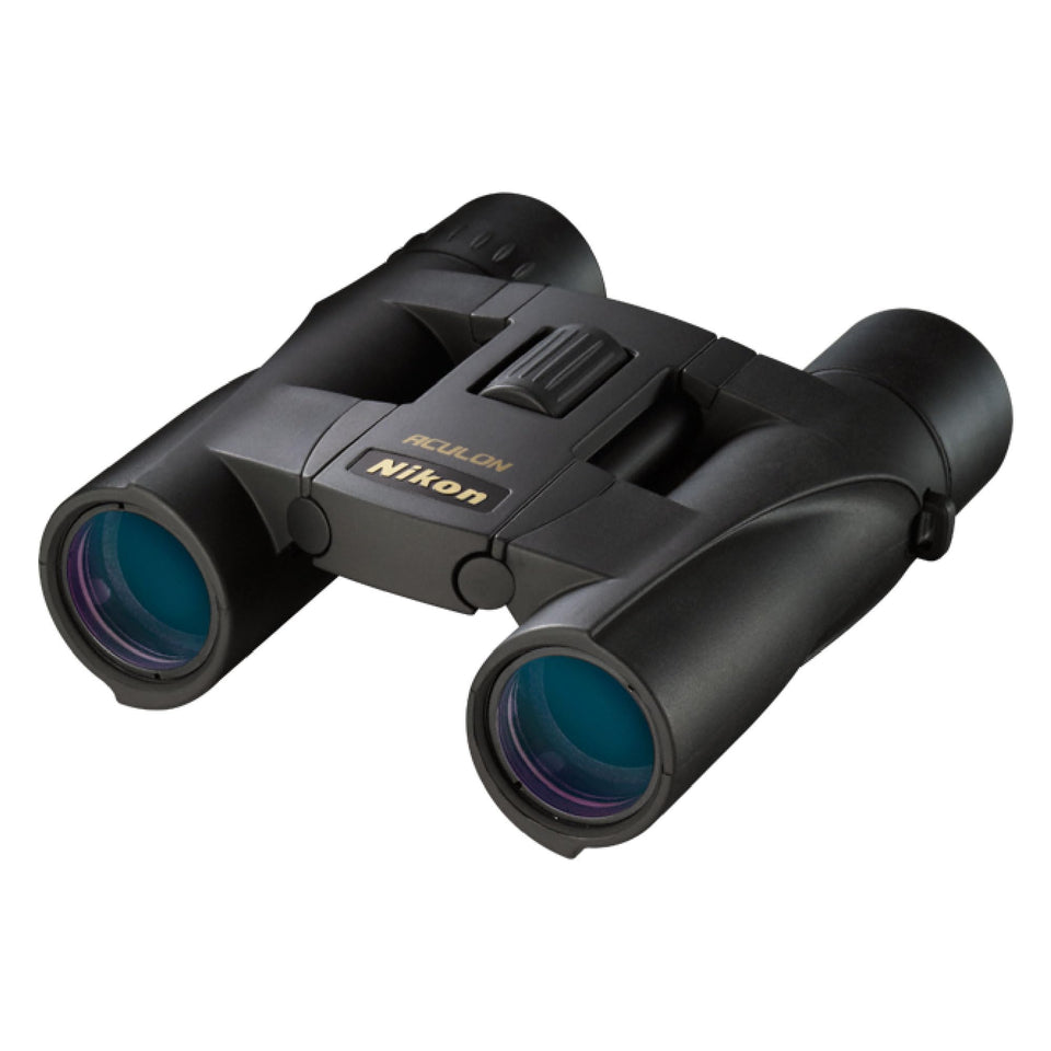 Nikon ACULON A30 folded dual-hinge binoculars for compact travel-friendly use by hikers.