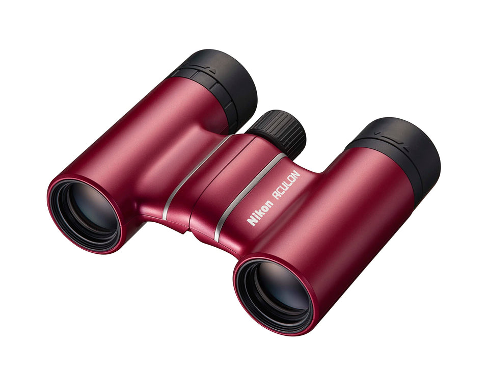 Nikon ACULON T02 8x21 red front view, portable binoculars for travel and events.