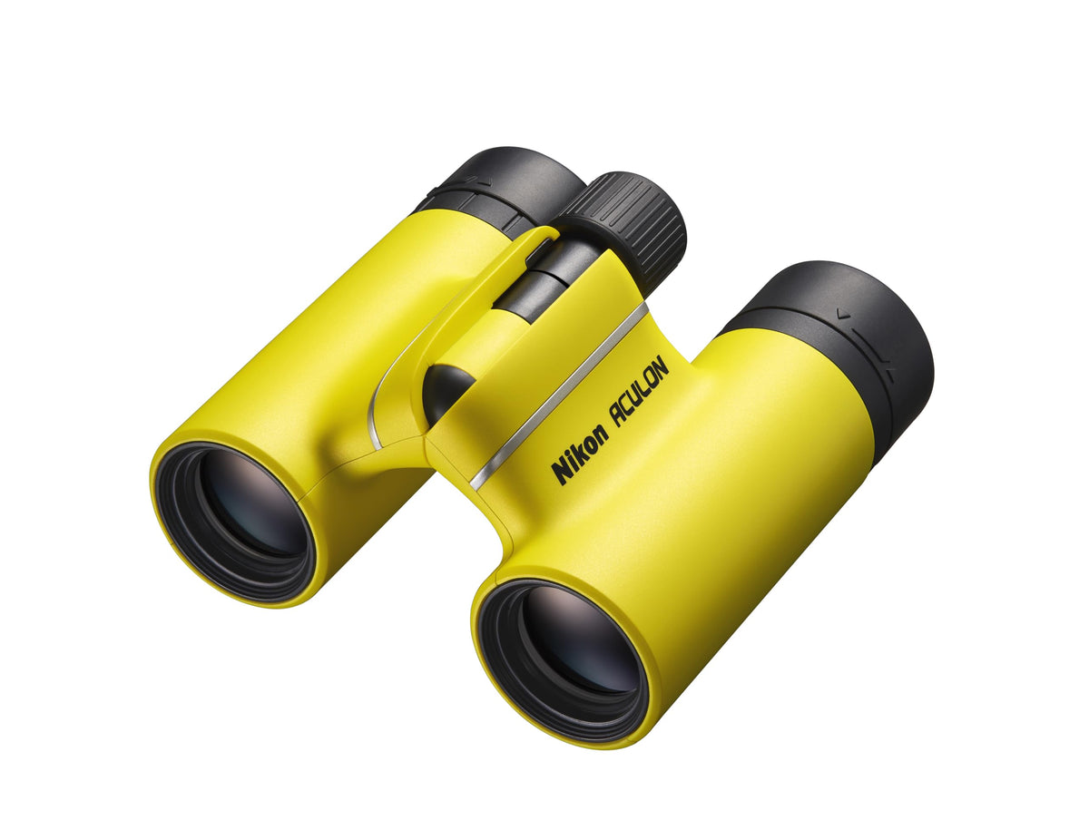 Nikon ACULON T02 8x21 yellow front view showing compact travel binoculars for easy sightseeing