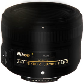 Nikon AF-S 50mm f/1.8G lens front view—bright f/1.8 for sharp portraits in low light.