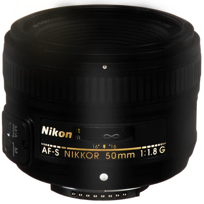 Nikon AF-S 50mm f/1.8G lens front view—bright f/1.8 for sharp portraits in low light.