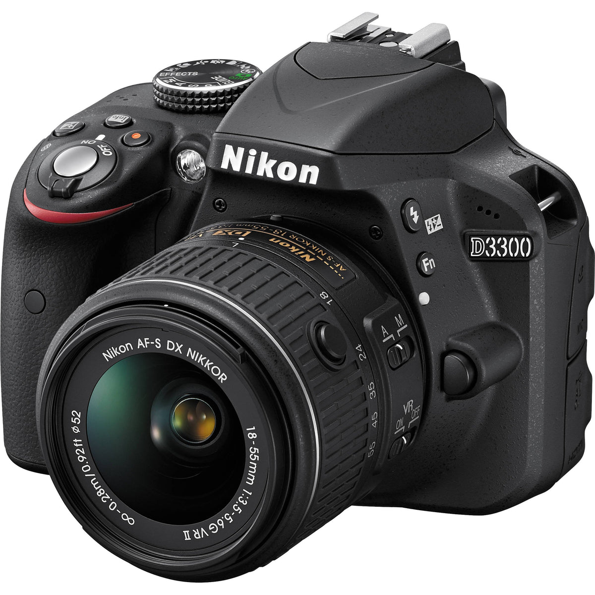 Nikon D3300 front view with 18-55mm VR II lens for versatility