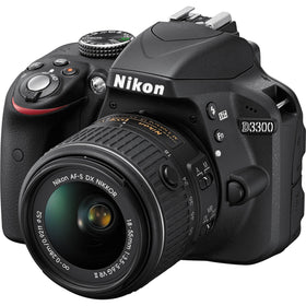Nikon D3300 front view with 18-55mm VR II lens for versatility