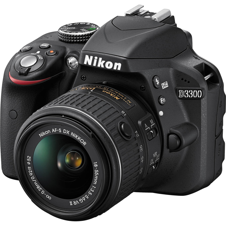 Nikon D3300 front view with 18-55mm VR II lens for versatility