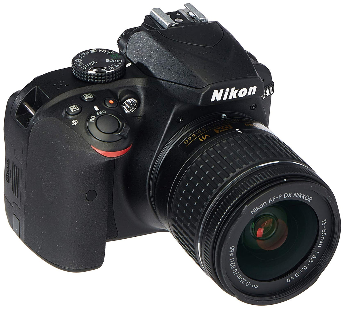 Nikon D3400 front view with 18-55mm VR lens for versatile everyday shooting.