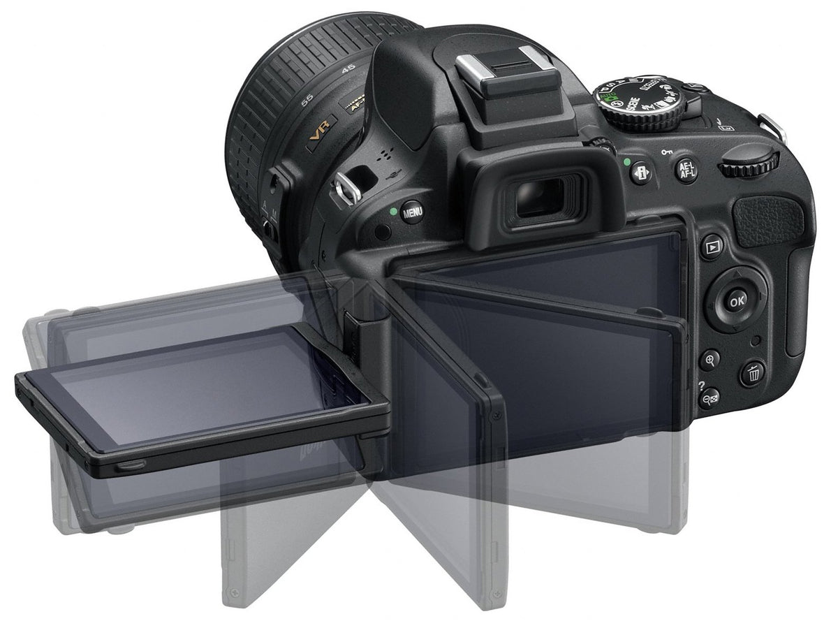 Nikon D5100 back view highlights the tilting LCD and controls