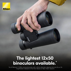 Nikon Monarch M5 12x50 ergonomic grip enables steady one-handed use on boats.
