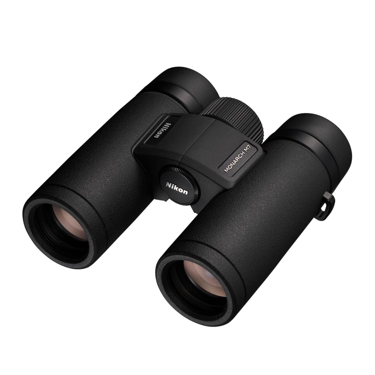 Nikon MONARCH M7 10x30 front-angle view showing a compact travel-ready design