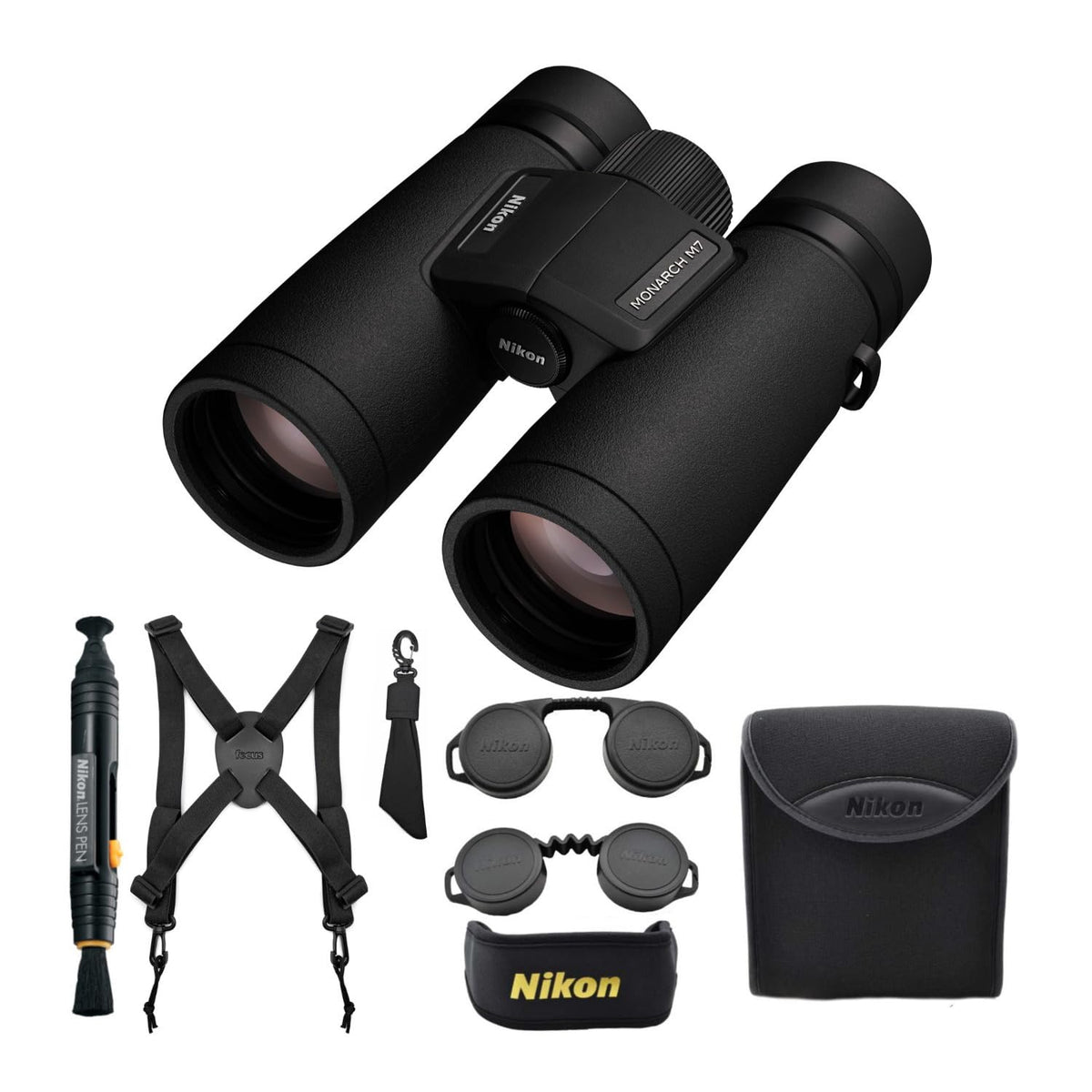 Nikon Monarch M7 8x42 binocular front view shows compact design and bright optics.