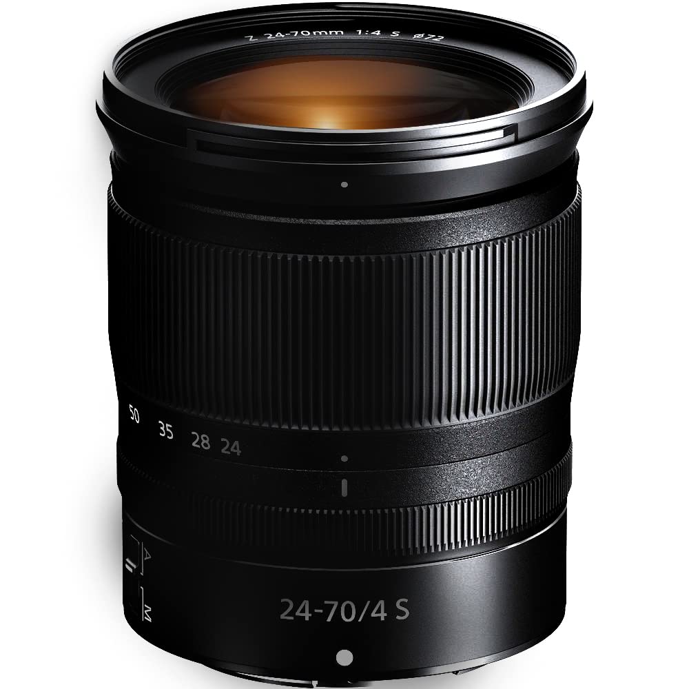 Nikon NIKKOR Z 24-70mm f/4 S front element; compact travel-ready design.