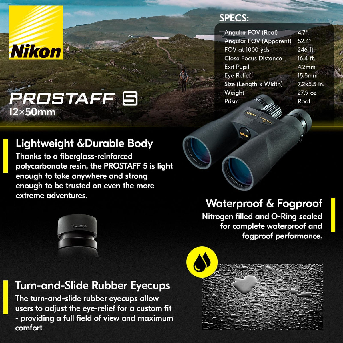 Nikon PROSTAFF 5 binoculars central focus knob for quick sharpness