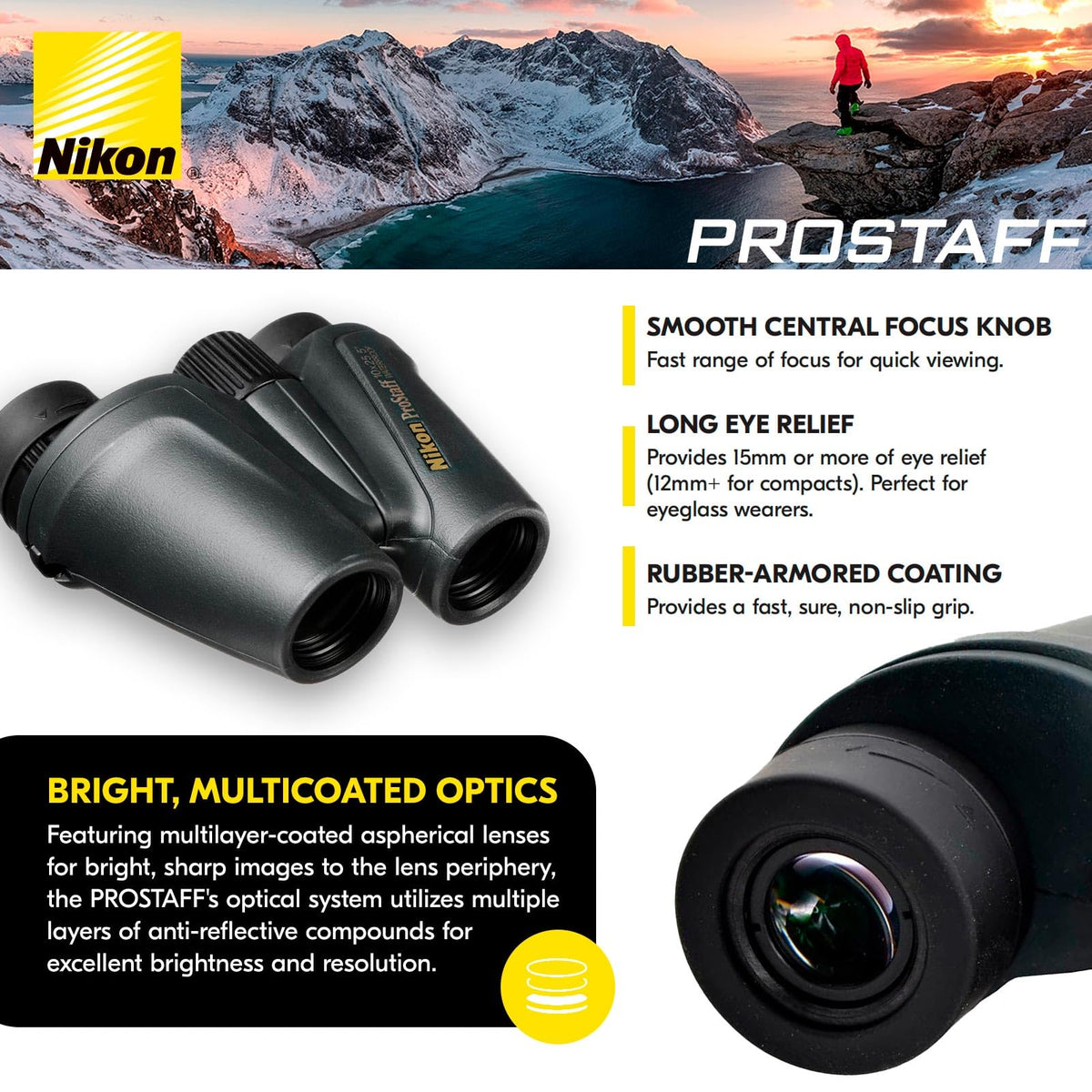 Nikon PROSTAFF ATB 10x25 nitrogen-purged, waterproof design resists moisture