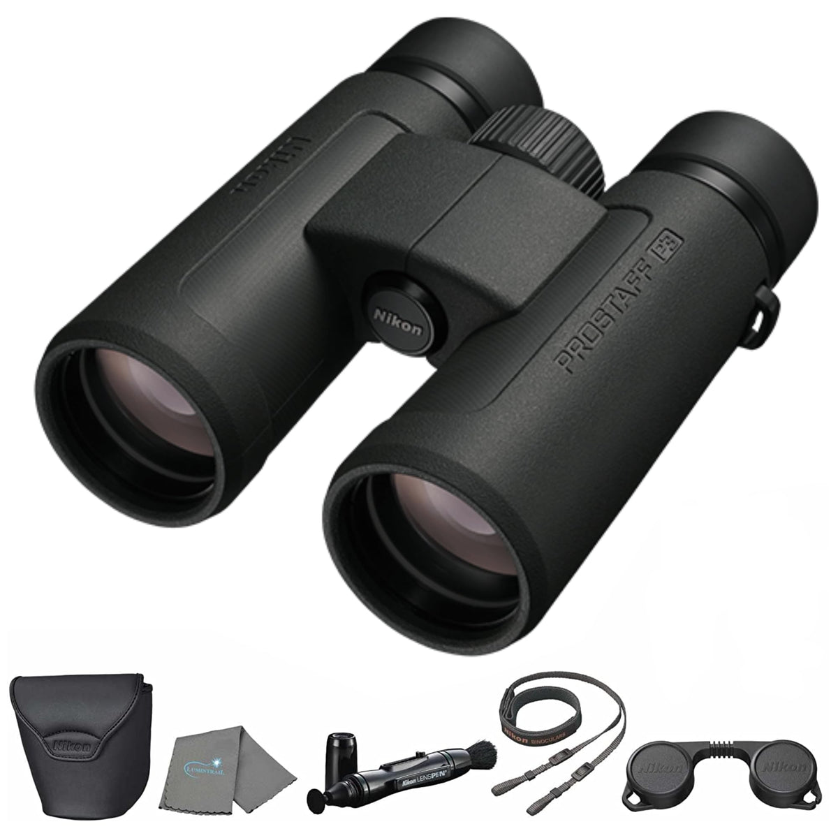 Nikon ProStaff P3 10x30 binoculars, angled view, compact outdoor design.