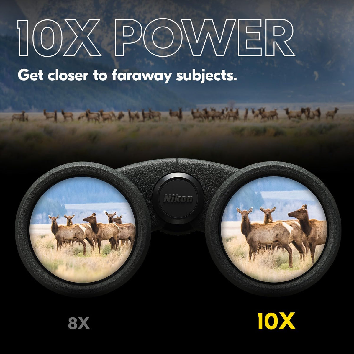 Nikon PROSTAFF P3 eyecups extended for comfortable viewing with glasses.