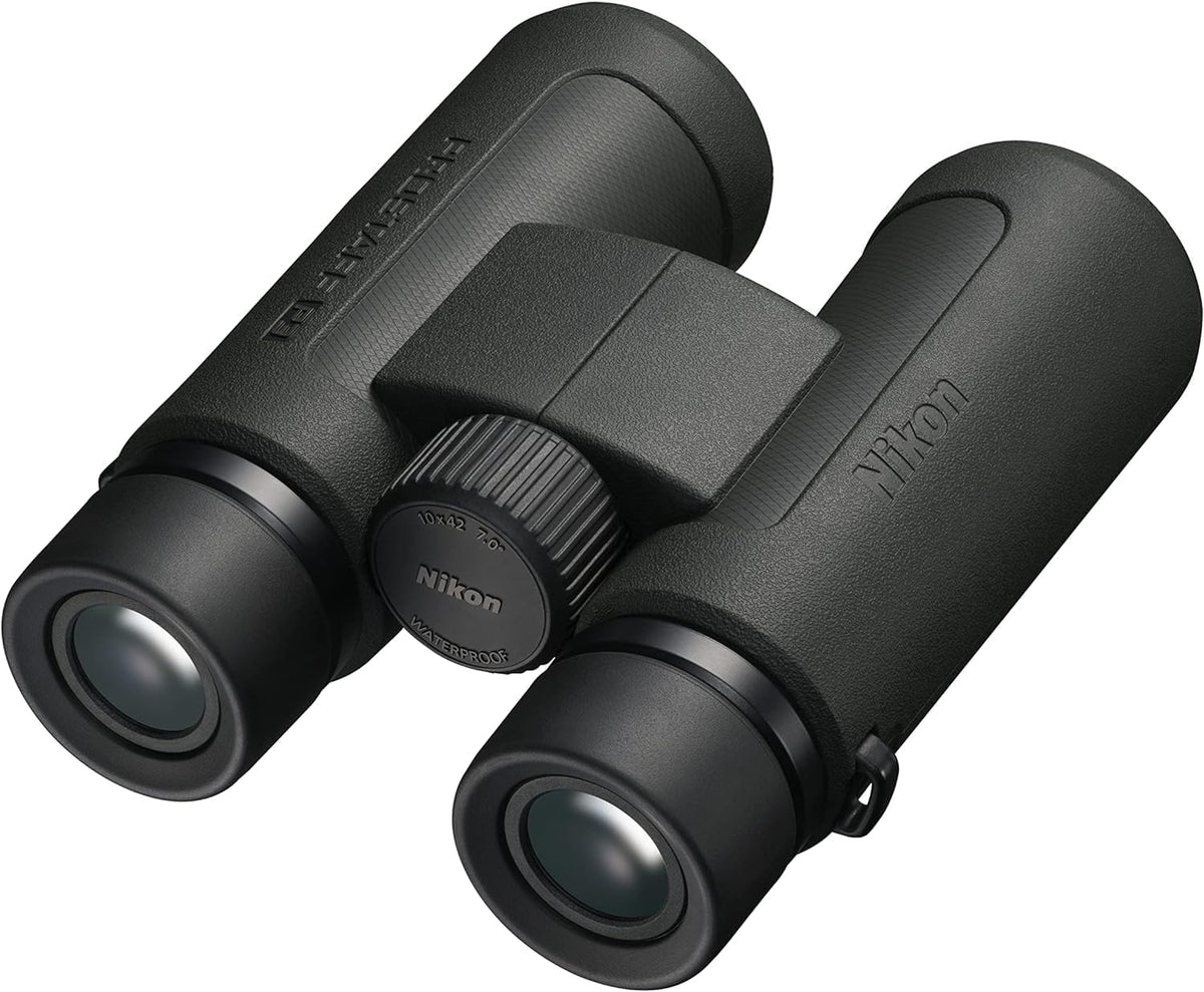 Nikon PROSTAFF P3 10x42 binocular front view highlights large objective lenses.