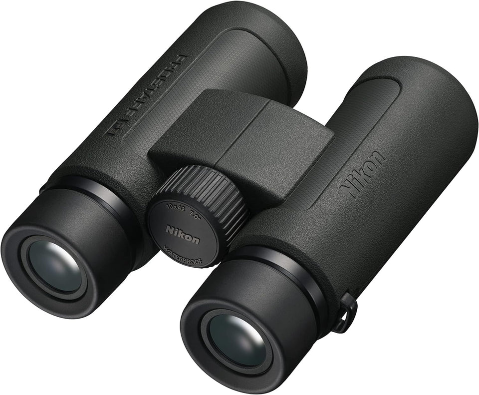 Nikon PROSTAFF P3 10x42 binocular front view highlights large objective lenses.