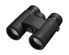 Nikon PROSTAFF P3 8x30 binoculars close up with rubber armor for rugged outdoor use.