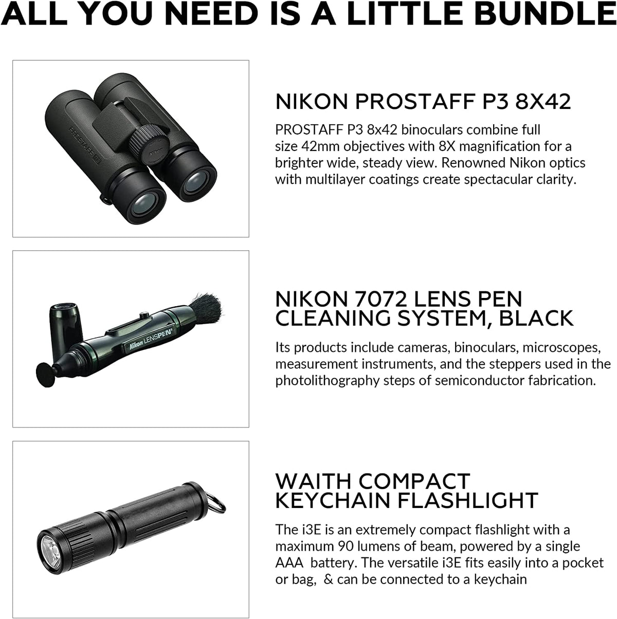 Nikon PROSTAFF P3 8x42 binoculars with eyecups extended for comfortable eyeglass use.