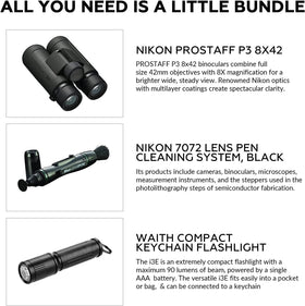 Nikon PROSTAFF P3 8x42 binoculars with eyecups extended for comfortable eyeglass use.