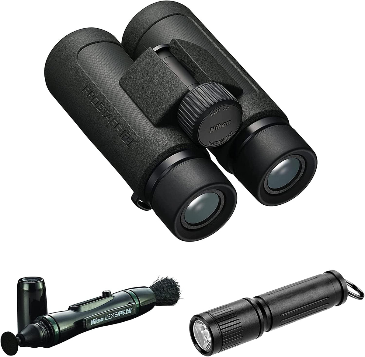 Nikon PROSTAFF P3 8x42 binoculars front view for bright, wide outdoor viewing.