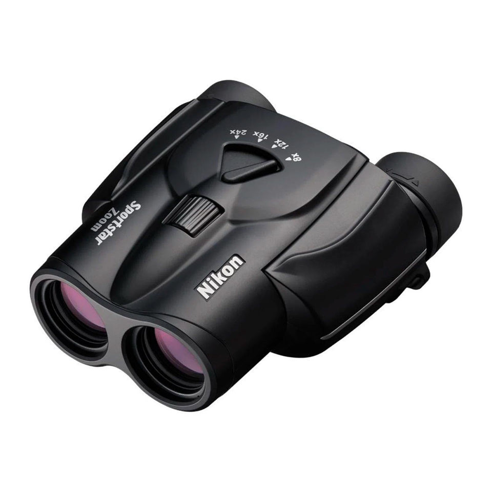 Nikon Sportstar Zoom 8-24x25 binoculars front view highlighting compact travel-friendly design.