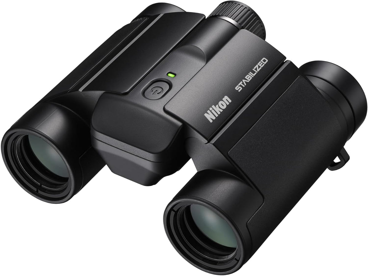 Nikon Stabilized 12x25 binoculars close-up for steady viewing during fast action