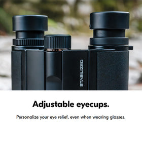 Nikon stabilized binoculars 10x25 S close-up showing lens coatings for clarity.