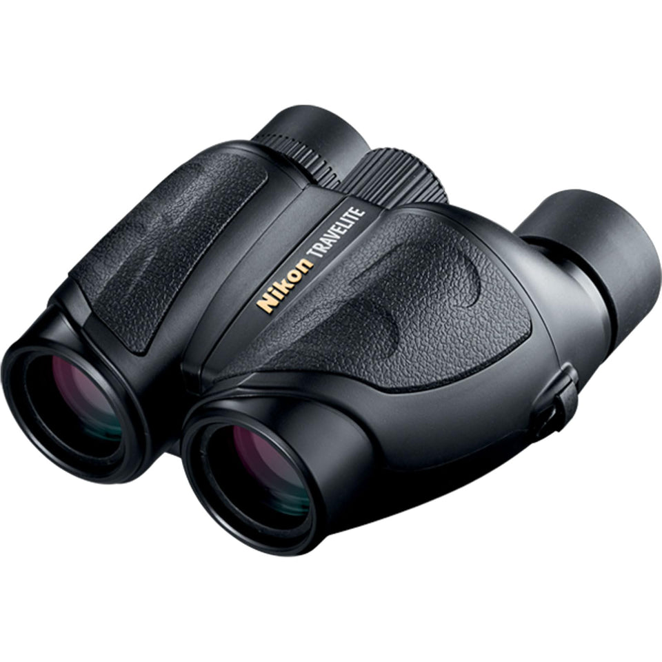 Nikon Travelite EX 8x25 binoculars front view, compact outdoor companion for travel and birdwatching.